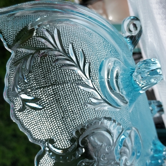 Vintage Jeannette mid century Pressed Glass Blue Footed Hombre Compote Bowl MCM - Picture 14 of 17